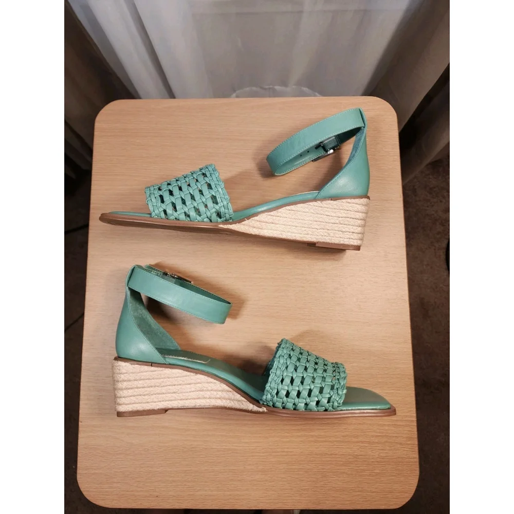 Vince Camuto OCEANA GREEN Leather Net Low Ankle Strap Espadrille Wedge SZ 9 Wide